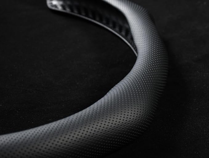 Quick Install Sporty Perforated Nappa Leather Steering Wheel Cover with Yellow Stripe Universal fit 14½" to 15" Car SUV Pickup 14.5 to 15 inches Napa