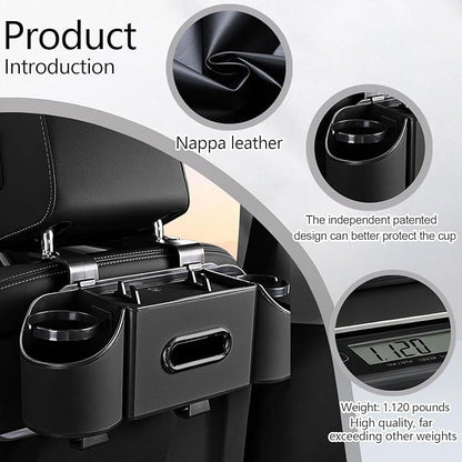 Back Seat Car Organizer,4 in 1 Multifunctional Car Back Seat Storage Box with Drink Cup Holder Tissue Box, for Hold Phone,Snacks, Drinks, Handbag-Black