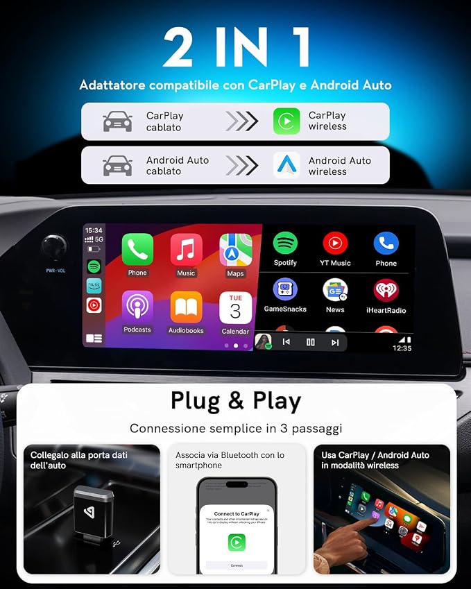 Wireless CarPlay Adapter for iPhone & Android 2026 Upgrade Ultra Mini 2 in1 Wired Android Auto to Wireless, Compact Design Plug & Play Auto Connect Car Play Dongle Fits for OEM Wired CarPlay Cars