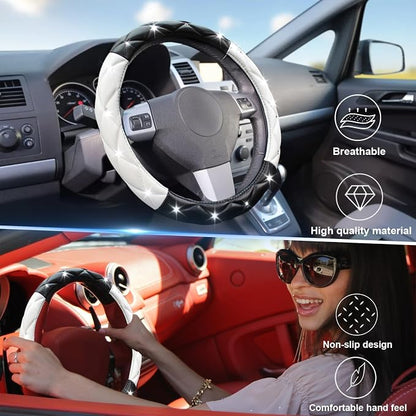 SuperKaKa Black and White Steering Wheel Cover, Auto Cute PU Diamond Bling Comfort Leather Car Interior Accessories Protector Sparkly Fit Most O-Shaped Steering Wheels