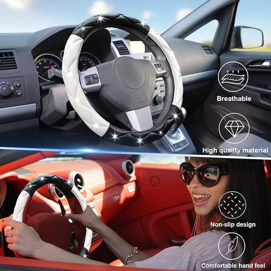 SuperKaKa Black and White Steering Wheel Cover, Auto Cute PU Diamond Bling Comfort Leather Car Interior Accessories Protector Sparkly Fit Most O-Shaped Steering Wheels