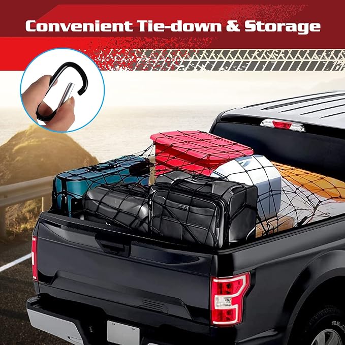 ANALIM Cargo Net for Pickup Truck Bed, 4' x 6' Stretches to 8' x 12' Heavy Duty Bungee Cargo Net with 12 Pcs Metal Carabiner Clips, Tie-Down Mesh Cord Net for Trailer Luggage