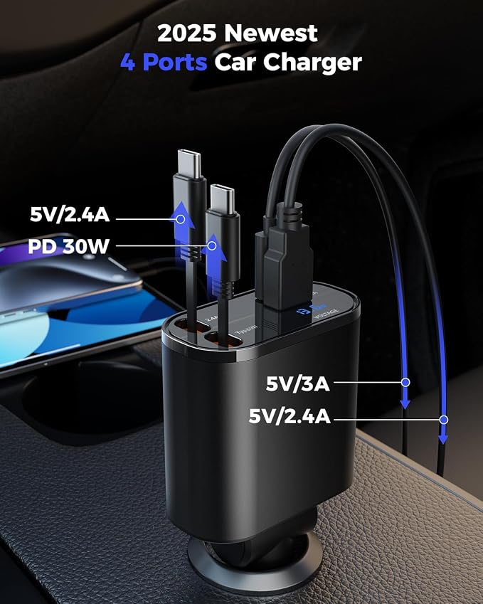 SUPERONE Retractable Car Charger for iPhone with Dual Type C Cables, 4 in 1 USB C Car Charger Adapter with 69W Fast Charging Compatible with iPhone 17 16 15 14 13 12 11 Pro/XS/XR/SE/iPad/Airpods