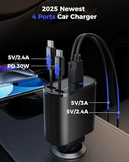 SUPERONE Retractable Car Charger for iPhone with Dual Type C Cables, 4 in 1 USB C Car Charger Adapter with 69W Fast Charging Compatible with iPhone 17 16 15 14 13 12 11 Pro/XS/XR/SE/iPad/Airpods
