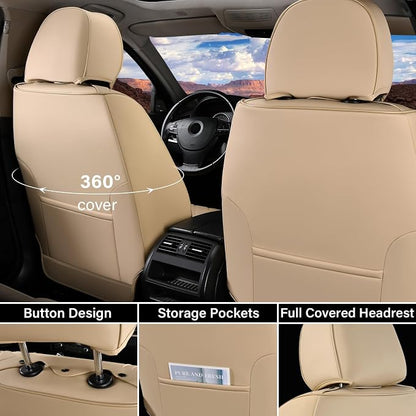 Coverado Front and Back Seat Covers for Cars, Automotive Seat Covers for Trucks, Nappa Leather Car Seat Covers, 5 Seats Waterproof Carseat Protector Car Seat Cover Beige, Universal Fit for Most Cars