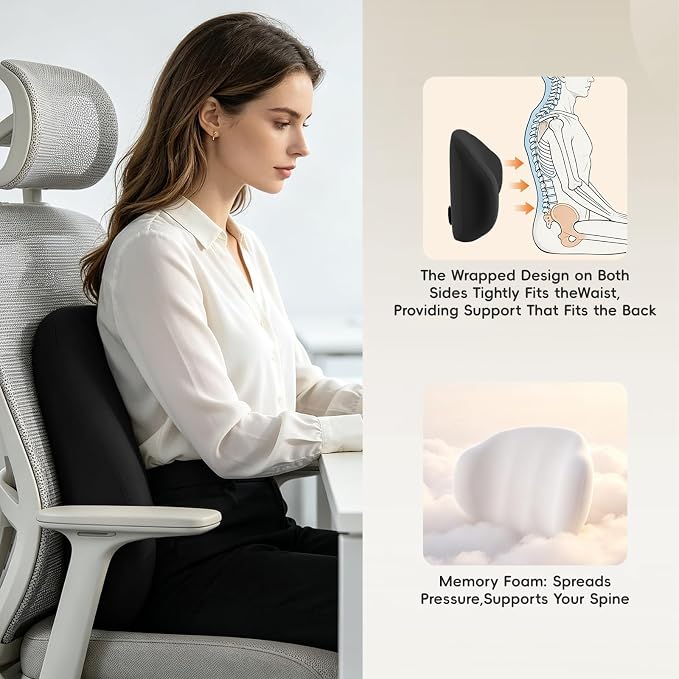 BEBAS Lumbar Support Pillow for Car & Office Chair - Ergonomic Memory Foam Back Cushion for Lower Back Pain Relief, Back Support, Removable Washable Cover, Ideal for Driving, Work, Travel - Black
