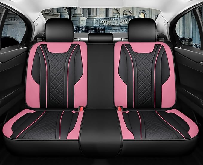 SanQing Car Seat Covers Full Set, Super Luxurious Heavy Duty Waterproof Leather Automotive Vehicle Cover for Cars SUV Pick-up Truck, Universal Non-Slip Seat Car Pink Accessories (Full Set/Pink Black)