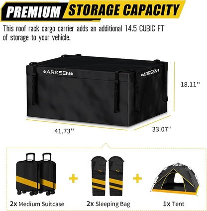 ARKSEN Roof Top Luggage Storage Bag for 43" x 39" Roof Baskets Waterproof 14.5 Cubic Feet (41.73" L x 33.07" W x 18.11" H) with 8 Straps Anti-Slip Mat 4 Door Hooks for All Vehicles with/Without Rack