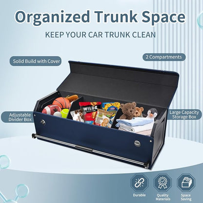 Car Trunk Organizer, Leather Trunk Organizer for Suv with Lid and Push-pull Handle Car Trunk Leather Storage Box Extra Large Cargo Storage (Blue, 41.3 x 11.4 x 12.2in)