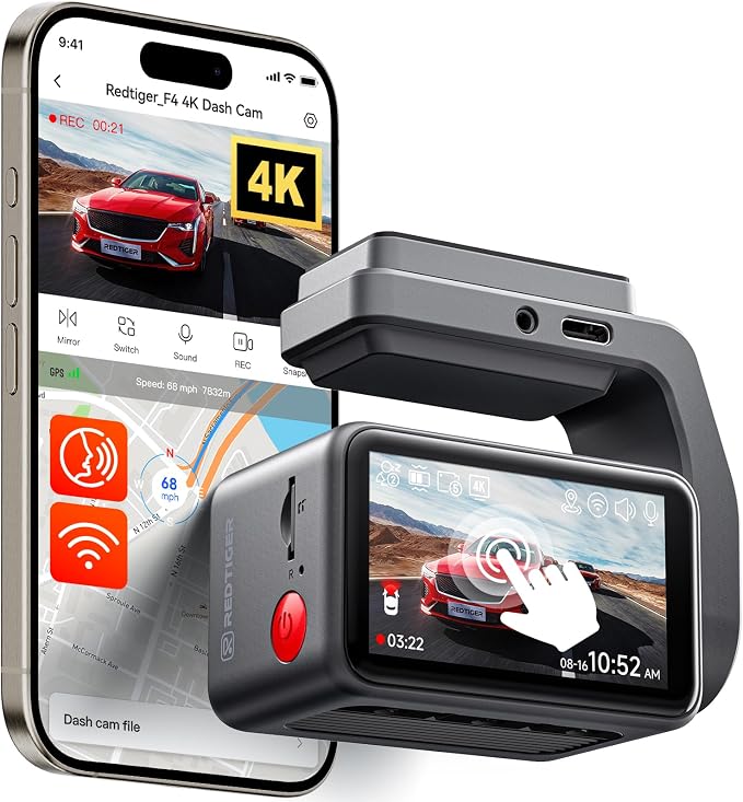 REDTIGER F4 4K Dash Cam Front, 2.2 inch Mini Car Camera, 2160P UHD Touch Screen, Voice Control, Night Vision, Built-in GPS, WiFi APP Control, Loop Recording, 24H Parking Monitor