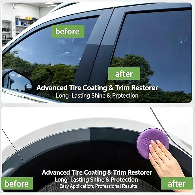Premium Tire Coating & Trim Restorer, Restores Deep Black Shine with Ceramic Coating, UV Protection for Rubber Plastic Bumpers, Long-Lasting Car Detailing Kit (50ml 2PC)