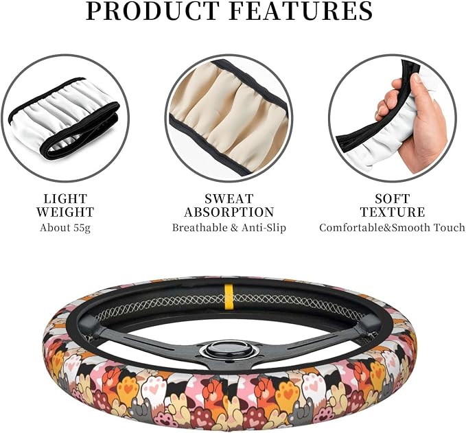 Cute Paw Print Steering Wheel Cover for Women, Universal Auto Steering Wheel 14-15 Inch Car Interior Accessories with 2PCS Car Coasters, Suitable for Men and Women
