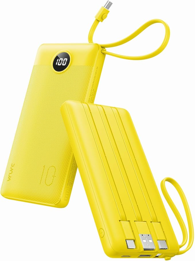 VRURC Portable Charger, Built-in 4 Cables Portable Phone Charger 10000mAh | Lightweight Power Bank with 5 Output 2 Input Compatible with Smart Phones,Samsung,Android etc-Yellow(1 Pack)