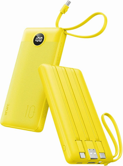 VRURC Portable Charger, Built-in 4 Cables Portable Phone Charger 10000mAh | Lightweight Power Bank with 5 Output 2 Input Compatible with Smart Phones,Samsung,Android etc-Yellow(1 Pack)