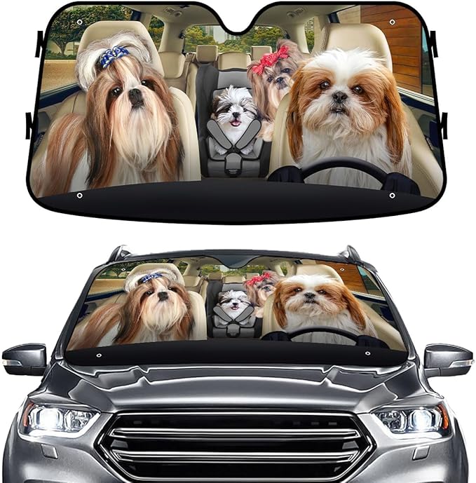 GENANY Cute Shih Tzu Dog Family Funny Windshield Sun Shade for Car SUV Truck (55x30 Inches), Sun Shade Windshield for Windows, Protector Blocks UV, Car Decor