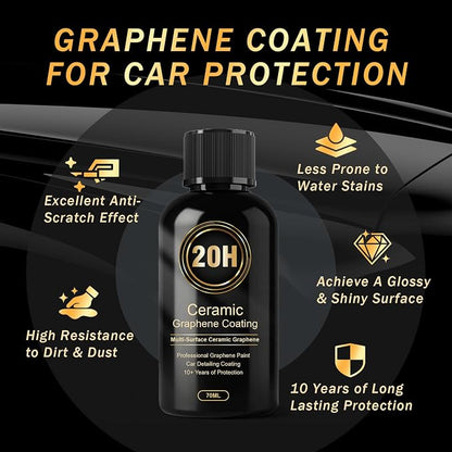 Ceramic Coating for Cars, 20H High-Grade Graphene Coating for Automobiles, Complete Detailing Kit, 10+ Years of Lasting Defense, Intense Glossy Look, Use After Washing & Polishing, 70ml