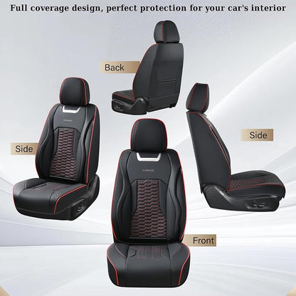 Coverado Car Seat Covers Full Set, 5 Seats Nappa Leather Seat Covers for Cars, Waterproof Automotive Car Seat Covers Interior Accessories Universal Fit Most Cars(Black&Red)