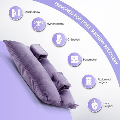 Post Surgery Seat Belt Pillow with Ice Pack, Seatbelt Cushion for Mastectomy, Heart Surgery, C-Section & Hysterectomy Recovery, Chemo Port Protector, Seatbelt Pad with Pocket (Purple)