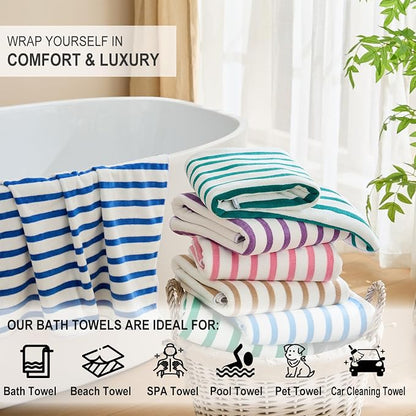 JML Microfiber Beach Towels, 6 Pack, 27" x 55", Large Bath Towel Set for Adult- Cabana Stripe - Absorbent, Quick Drying Lint-Free, No Fading for Summer Party, Pool, Sport, Yoga, Swimming, Dark Green