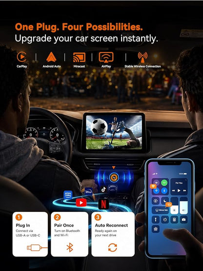 Spedal 4-in-1 Wireless CarPlay Adapter, Android Auto, AirPlay & MirrorLink | Auto-Connects At Ignition, No Daily Cable Needed; Dual-Band WiFi & BT 5.3 For Stable Connection; USB-A & USB-C Included