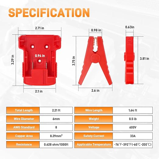 Jumper Cables with Alligator Clips Compatible with Milwaukee M18 18V Battery, 2ft 8AWG Silicone Wire Jumper Starter Clamps, Automotive Booster Cable for Jump Starting Car Using Tool Battery