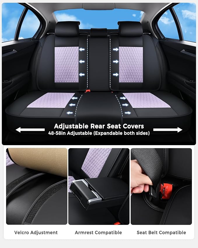 Huidasource Leather Seat Covers, Nappa Leather Seat Covers for Cars with Velcro Adjustable, Airbag, Lumbar Support, Cooling ＆ Heating, Purple Seat Covers Fit for Most Cars SUV Trucks, Black＆Purple