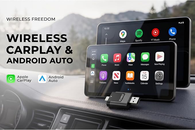 ZORVIA Wireless CarPlay Adapter for iPhone & Android Auto 2026 Upgraded - Convert Wired CarPlay to Wireless, Fast Auto Reconnect, Plug and Play, USB-C & USB-A (Black)
