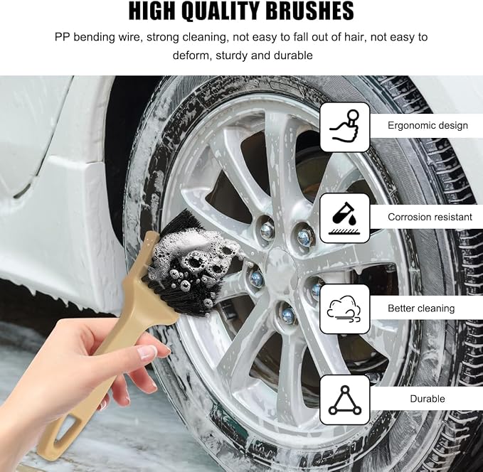 Car Carpet Cleaning Brush, 8.5-Inch Tire Cleaner Scrub Brushes with Stiff Bristles, Wheel Hub Scrub Brush Exterior Washing Supplies for Sedan SUV Truck, Car Accessories (Khaki)