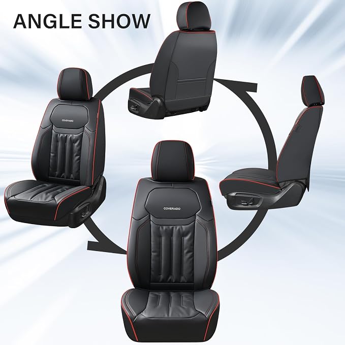 Coverado Car Seat Covers, Full Set Seat Covers for Cars 5 Seats, Car Seat Protector, Waterproof Nappa Leather Car Seat Cushion, Universal Fit for Most Cars, Black&Red Line