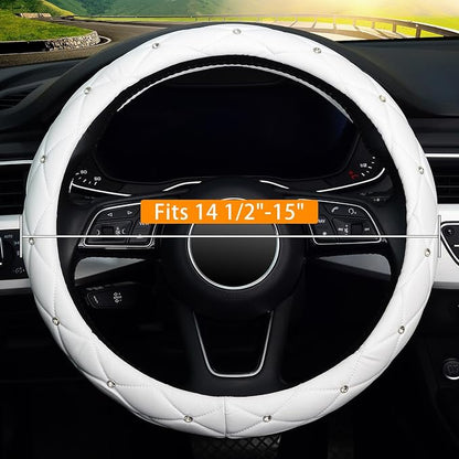 KAFEEK Diamond Soft Leather Steering Wheel Cover with Bling Bling Crystal Rhinestones, Universal 15 inch, Pure White