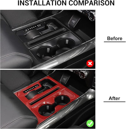 Jimen Compatible with 2021-2024 Ford F150 Center Console Gear Shift & Cup Holder Panel Trim Cover (Red Carbon Fiber)