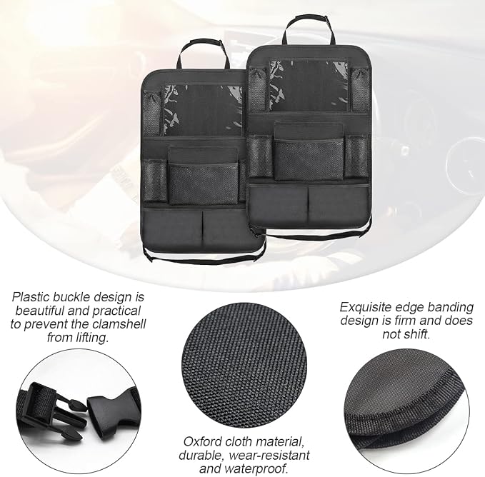 Black Oxford Fabric Car Backseat Storage Caddy, 25 x 19 Inches, 9 Compartments, 11 Inch iPad Holder