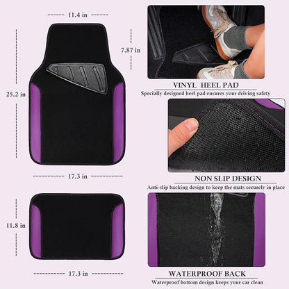 CAR PASS Faux Leather Steering Wheel Cover and Waterproof Car Floor Mats,Universal Car Combo Fit for 95% Sedan,SUV,Cars,14.5-15inch Sporty Anti-Slip Safety Comfortable Design(Black＆Purple)