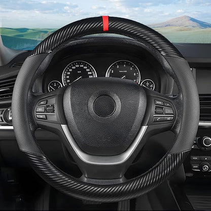 Moly Magnolia Carbon Fiber Steering Wheel Cover, Universal 15 inch Breathable Anti Slip, Black, Leather & Carbon Fiber, Truck & SUV, Automotive Steering Wheel Covers