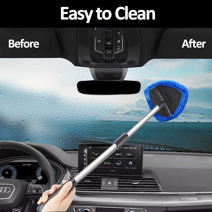 Car Windshield Cleaning Tools, Expandable Car Window Cleaner kit with 4 Reusable Microfiber Pads, 2 Spray Bottles, Windshield Cleaning Wand Tool, Auto Interior Dust Brush, for Trucks, SUVs, RVs etc