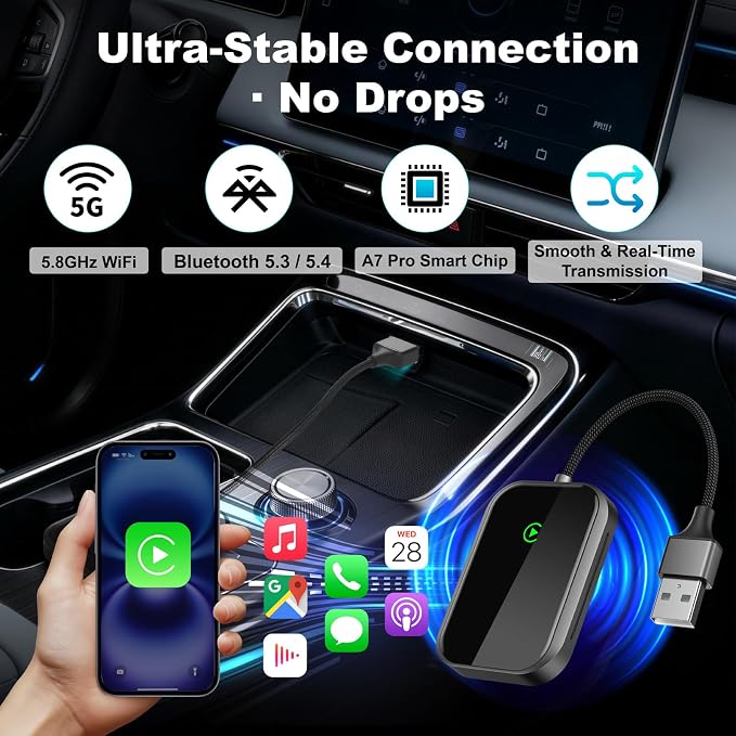 Wireless CarPlay Adapter for iPhone, Apple CarPlay Wireless Adapter USB-C, Bluetooth Connection, Auto-Switch for Multiple iPhones, Fast & Stable, iOS 10+ (Phantom Black)
