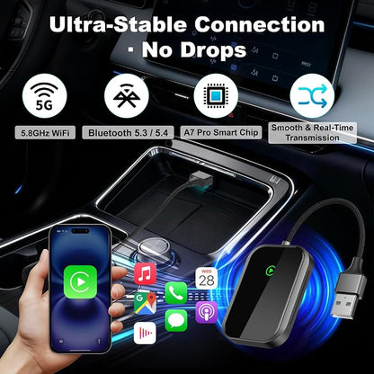 Wireless CarPlay Adapter for iPhone, Apple CarPlay Wireless Adapter USB-C, Bluetooth Connection, Auto-Switch for Multiple iPhones, Fast & Stable, iOS 10+ (Phantom Black)