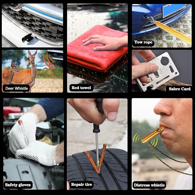 Car Emergency Roadside Kit Car Safety Kits for Vehicles with Jumper Cables | Premium Roadside Assistance Kit for Cars with Tow Strap Folding Shovel Car Tool Kit, New Car Gift for Travel and Breakdowns