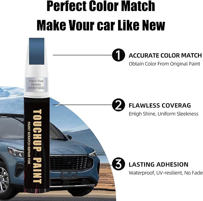 Vapor Blue Metallic(K1/M7490A) Car Paint Touch Up Pen Compatible with Ford,2-In-1 Color Accurate Touch Up Car Scratch Repair Paint Exact Match Ford Series Automotive Scratch Remover for Nicks&Chips Repair