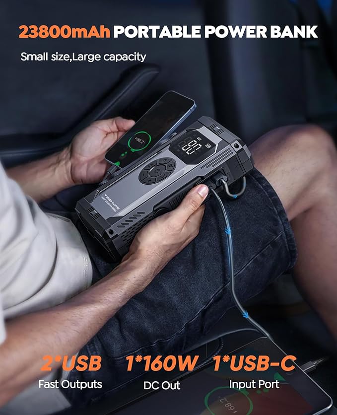 TREKURE 8-in-1 Jump Starter with Air Compressor 6000A 150PSI Portable Car Battery Jump Starter (All Gas/10L Diesel), 12V Jump Box Car Battery Jumper Starter Portable with Jumper Cables, Lights