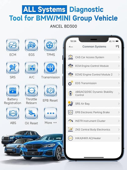 ANCEL BD300 Bluetooth OBD2 Scanner, Full System Code Reader and Diagnostic Tool for BMW with Battery Registration Service Reset EPB CBS ETC ABS Airbag & Powerful OBD2 Functions