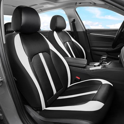 Coverado Leather Car Seat Covers Full Set & Carbon Fiber, Waterproof and Durable All Weather Protector, Universal Fit for SUV, Pickup Truck, Sedan, Automotive Vehicle Interior, Black&White