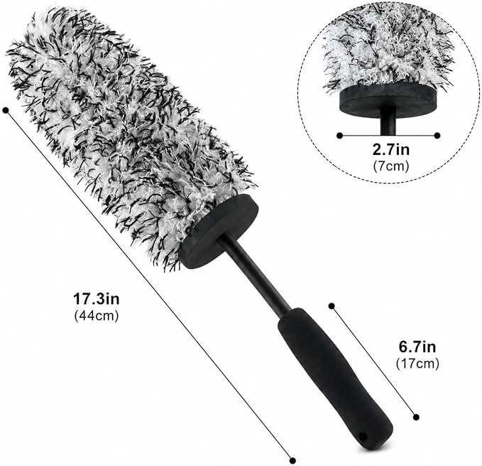 Long Handle Wheel Barrel Brush, Soft Microfiber Wheel Cleaner Brush, Non-Scratch Car Detailing Tool for Rim Cleaning and Tire Detailing (Black)