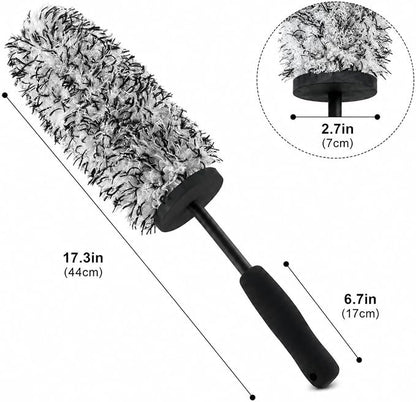 Long Handle Wheel Barrel Brush, Soft Microfiber Wheel Cleaner Brush, Non-Scratch Car Detailing Tool for Rim Cleaning and Tire Detailing (Black)