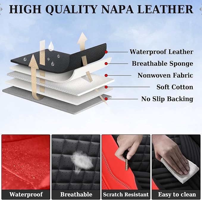Coverado Car Seat Covers Full Set, 5 Seats Leather Seat Covers for Cars, Waterproof Front and Rear Car Seat Cushions Protectors Universal Fit Most Vehicles (Black&Red)