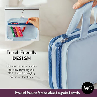 Kids Travel Organizer – Multi-Compartment, Water-Resistant Hanging Bag for Toys, Snacks, & Activities - Compact, Lightweight Design with Hook & Carry Handle - Perfect for Travel Use (Blue, Small)