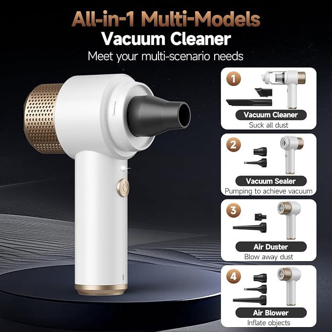 Vizeusvac Car Vacuum Cleaner, 16000PA Mini Car Vacuum Cordless Powerful, 7 in 1 Portable Handheld Vacuum Cordless with LED Light, Dual Filters, One-Touch Empty for Pet Hair, Home, Office