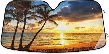 Palm Tree Car Windshield Sun Shade Tropical Sunset Beach Ocean Foldable UV Ray Sun Visor Protector Sunshade to Keep Your Vehicle Cool (55" x 27.6")