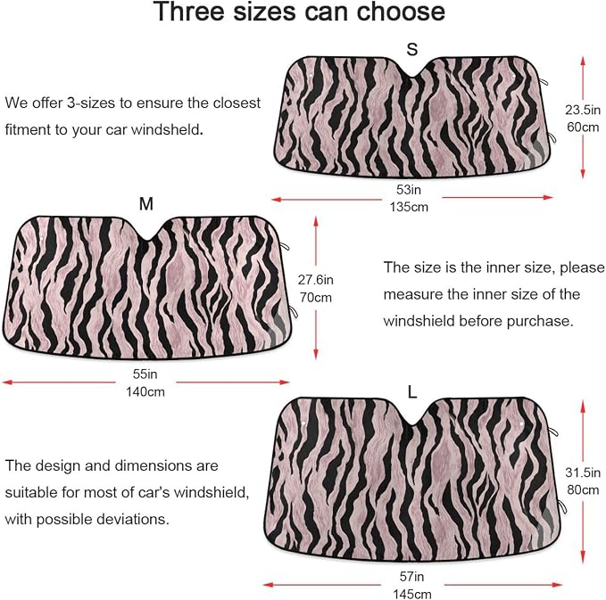 Windshield Sun Shade Rose Gold Black Zebra Print Front Window Block UV Shades Visor Reflective Retractable for Car SUV Trucks