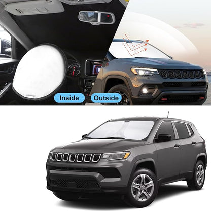 TINGLU Sun Shade for Jeep Compass 2017-2024 Accessories Windshield Sun Shade Window Shade UV Rays Protection Sun Visor Cover with Steering Wheel Sunshade Storage Bag